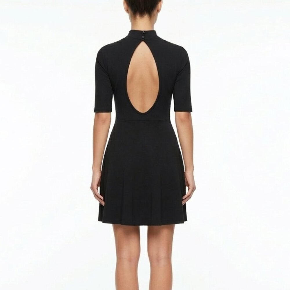 Forever 21 Black Mock Neck Skater Dress Elbow Sleeve Keyhole Back Fit Flare L